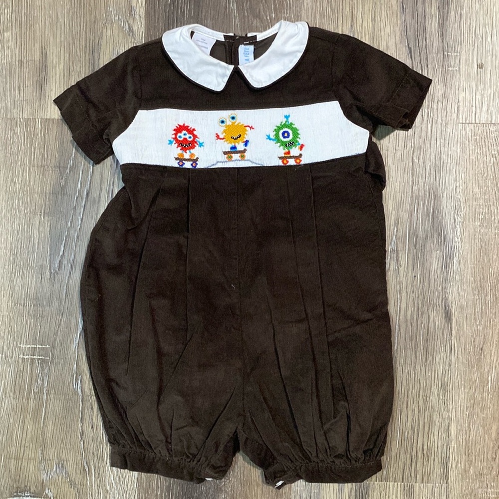 Brown Corduroy Collared Bubble with Monster Smocking